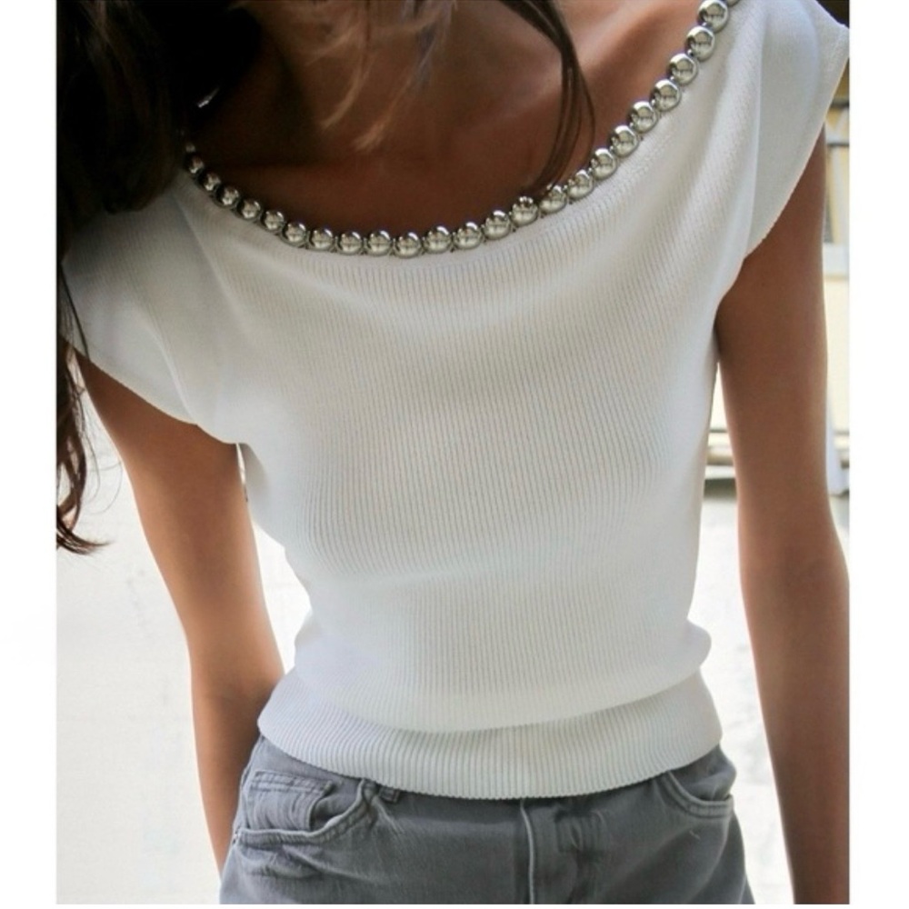 Zara white knit Top with silver Beaded Neckline size S